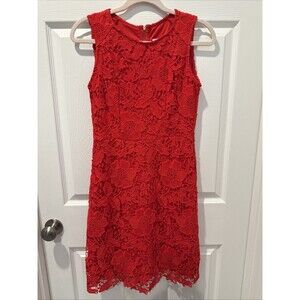 Ryan Michelle Red Guipure Lace Overlay Dress Scalloped Hem Sleeveless Sheath